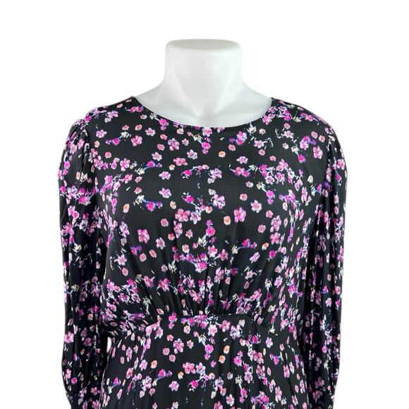 NEW H&M Black Pink Floral Long Sleeve Cutout Back Blouson Maxi Dress Size XL - Picture 3 of 5